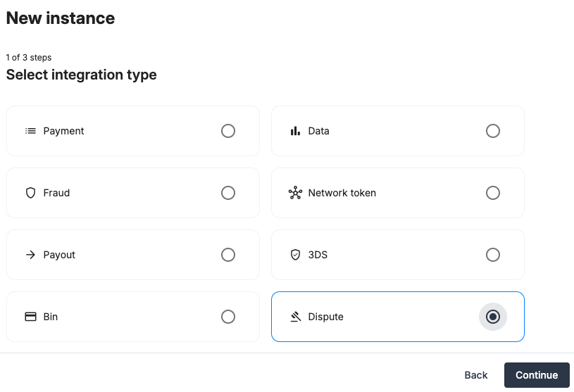 Payrails integration type selection set to dispute