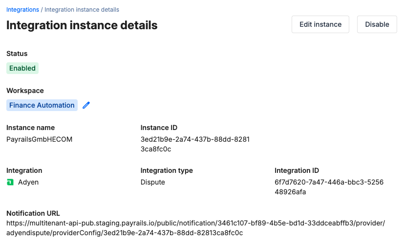 Payrails Adyen integration enabled status
