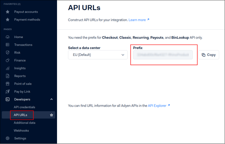 Adyen API URLs page showing prefix value