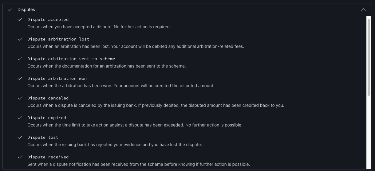 Checkout.com webhook event selection first view