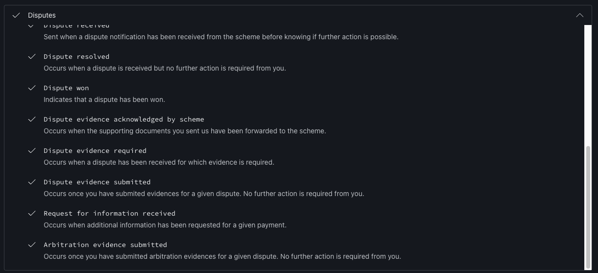 Checkout.com webhook event selection second view