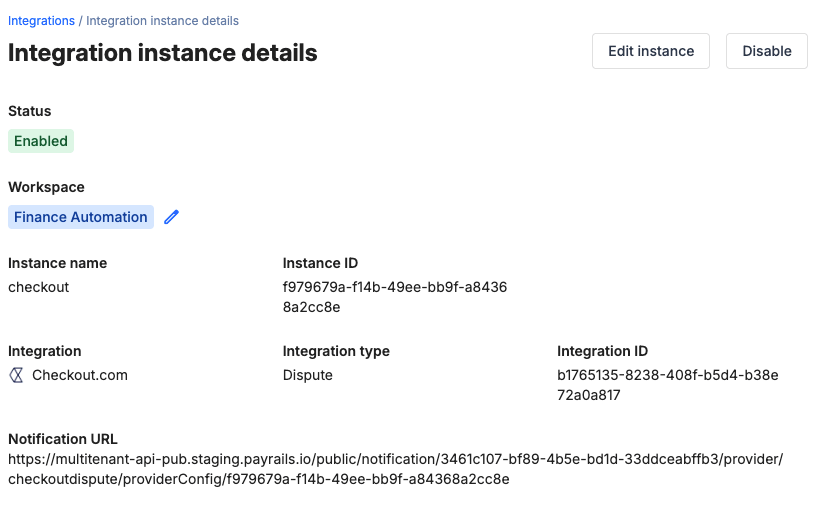 Payrails Checkout.com integration enabled status