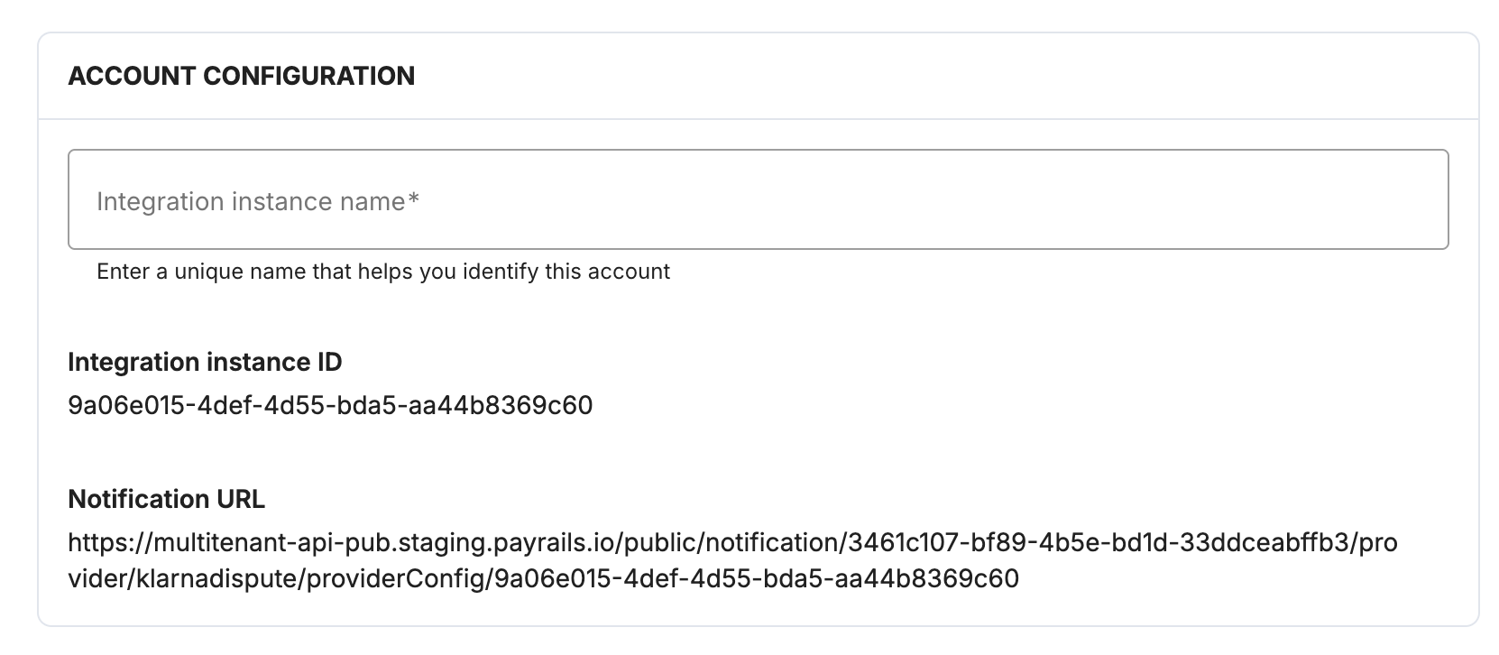 Klarna integration instance name field