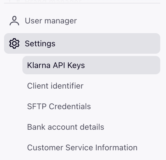Klarna portal settings and API keys page