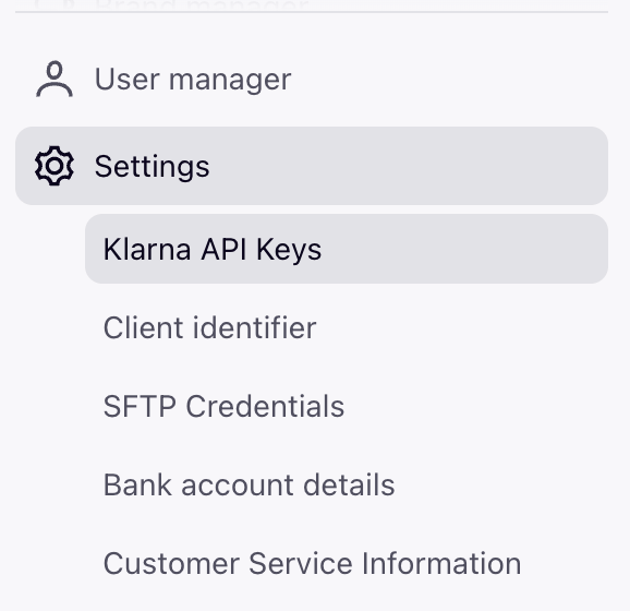 Klarna portal settings and API keys page