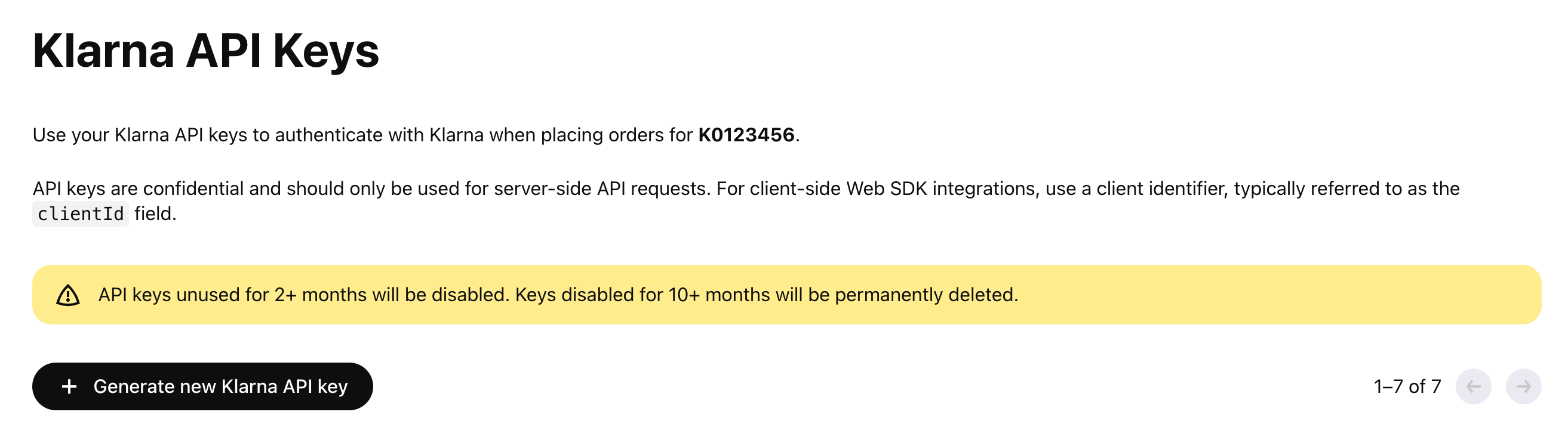 Klarna merchant ID shown in portal