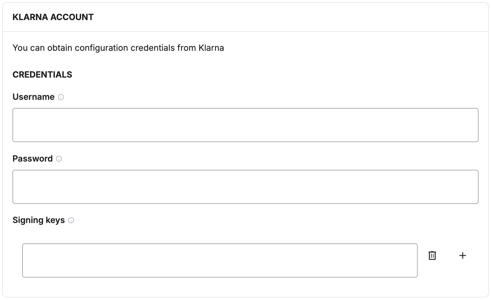 Payrails Klarna account section for API credentials