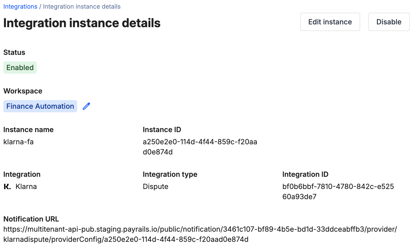 Payrails Klarna integration enabled status
