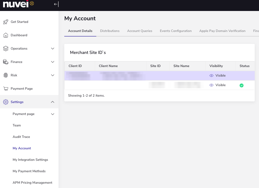 Nuvei account details with client ID and site ID