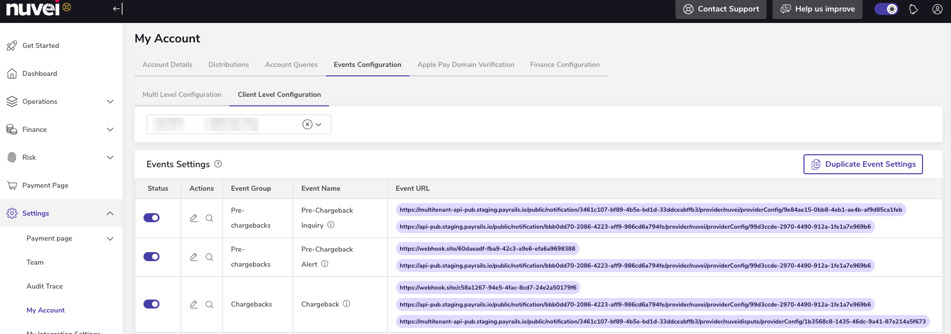 Nuvei events configuration for chargebacks notification