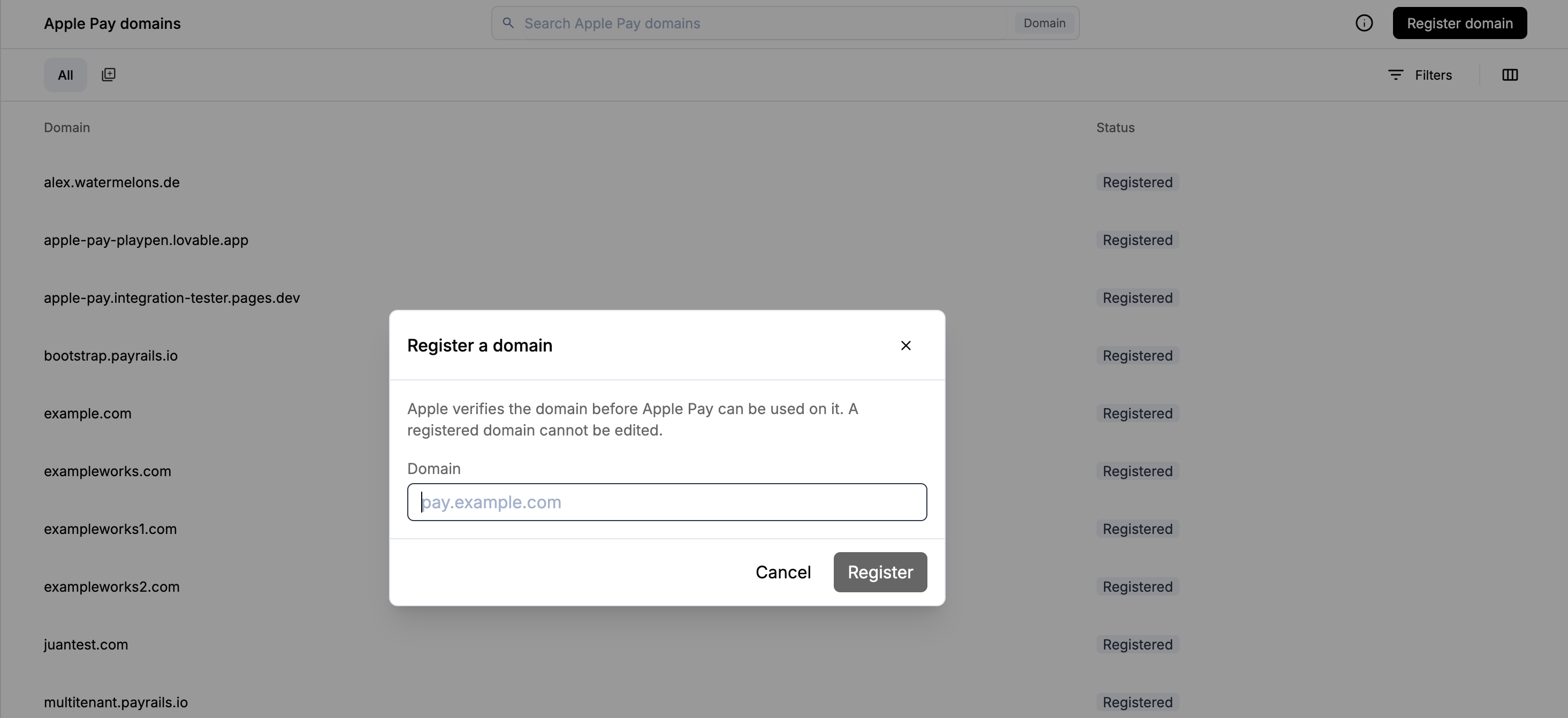 Add Domain dialog in the Payrails Portal