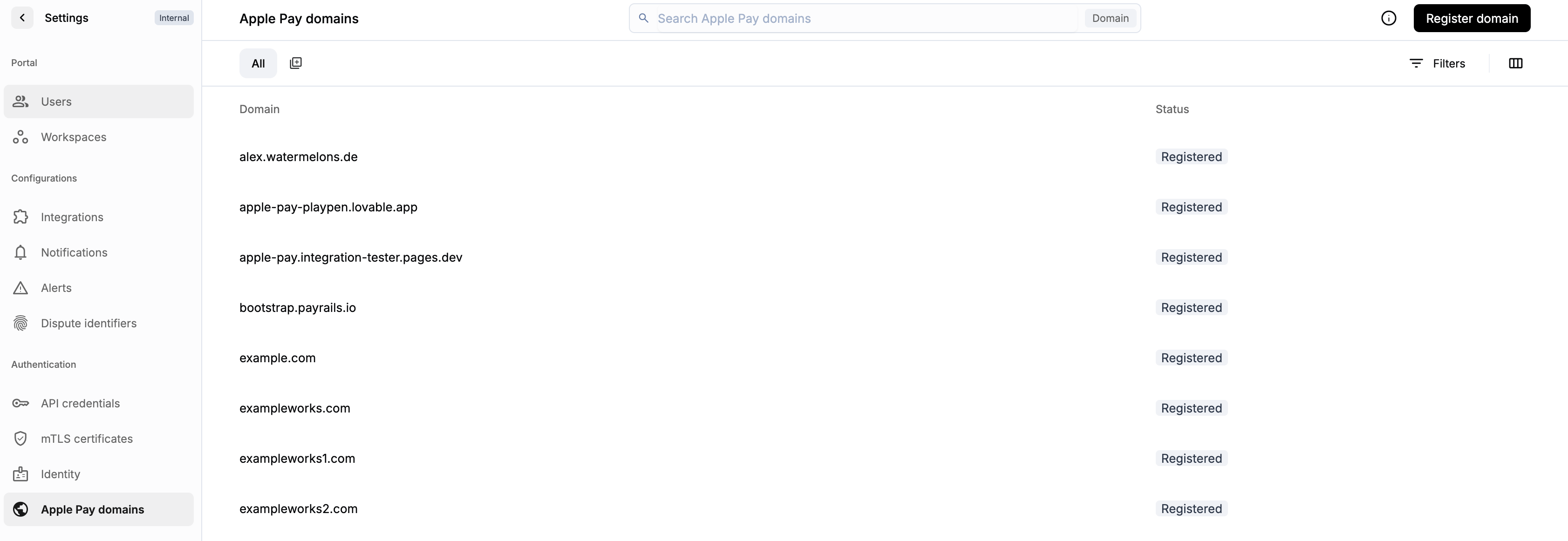 Apple Pay Domains in the Payrails Portal Settings