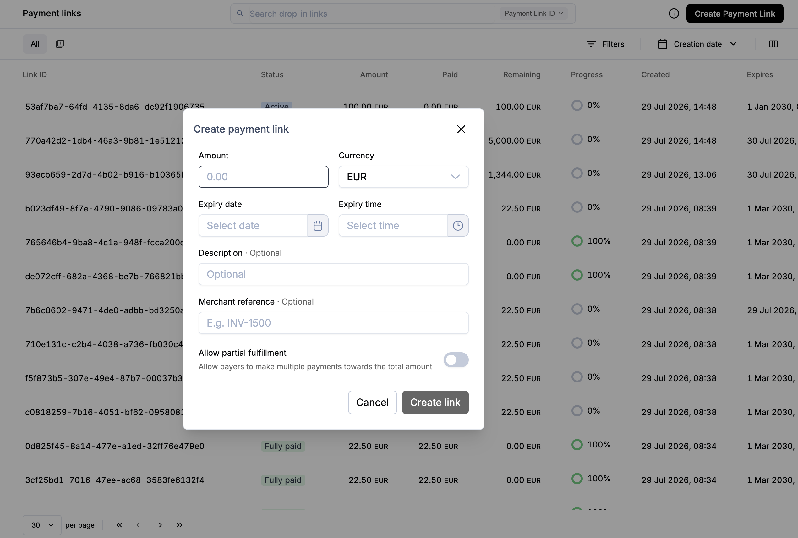 Payrails Portal Operations page showing the Create test payment link action