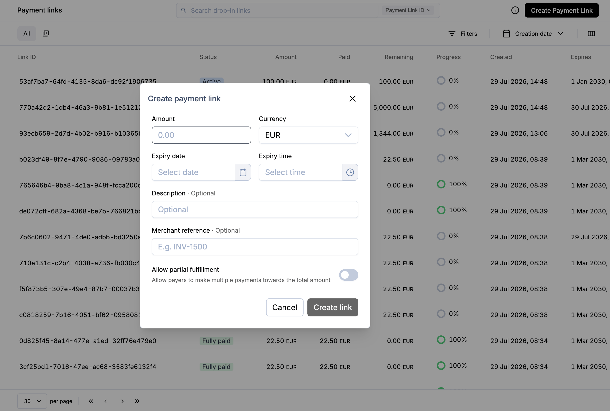 Payrails Portal Operations page showing the Create test payment link action