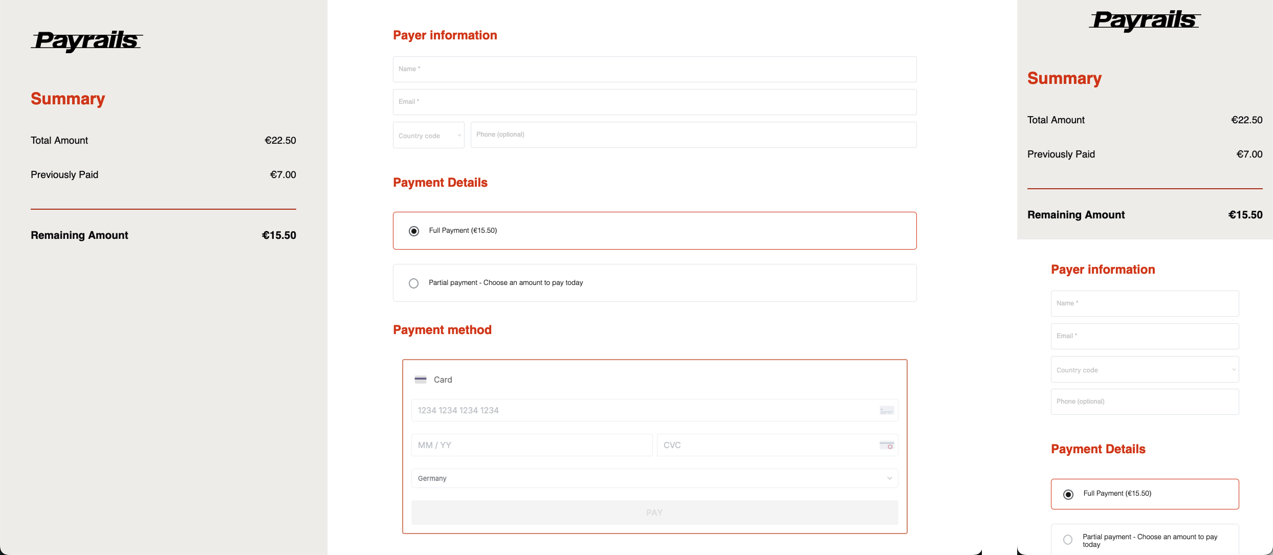 Example of a Payrails-hosted payment page using Payrails branding, showing the amount due and a payment form