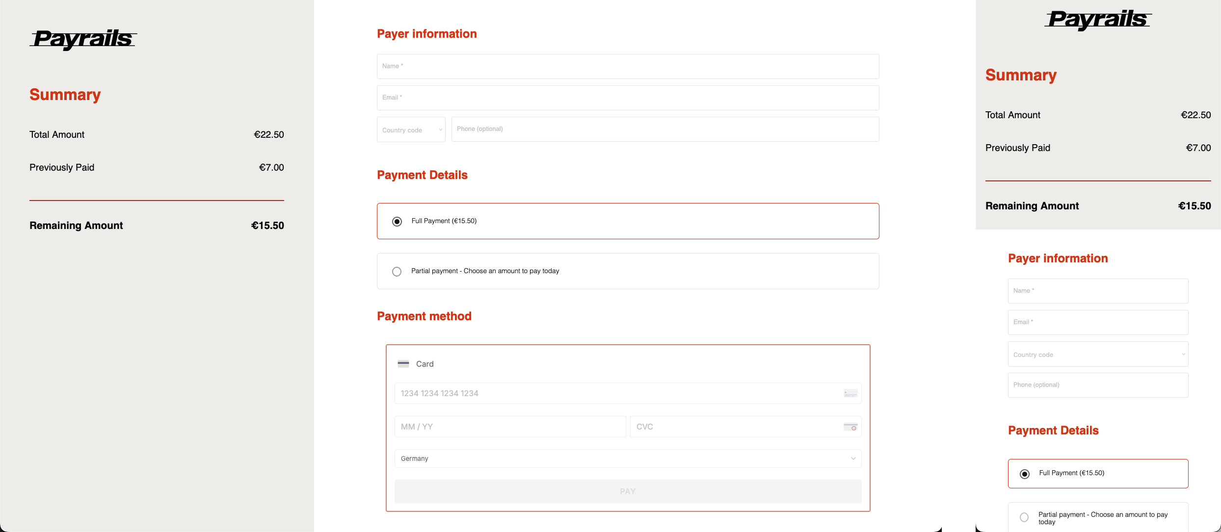 Example of a Payrails-hosted payment page using Payrails branding, showing the amount due and a payment form