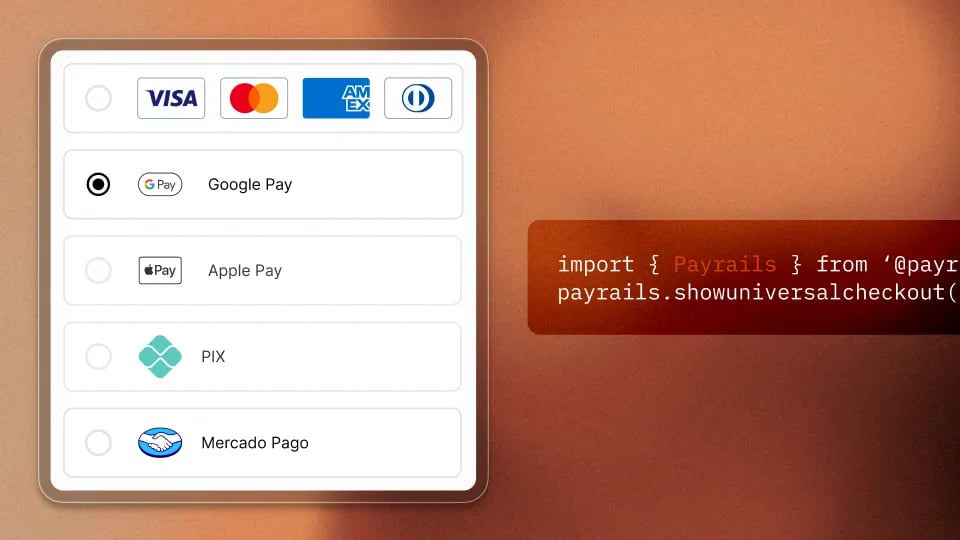 Checkout form listing payment methods next to SDK code