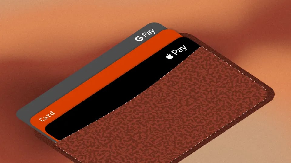 Wallet holding a card, Google Pay and Apple Pay