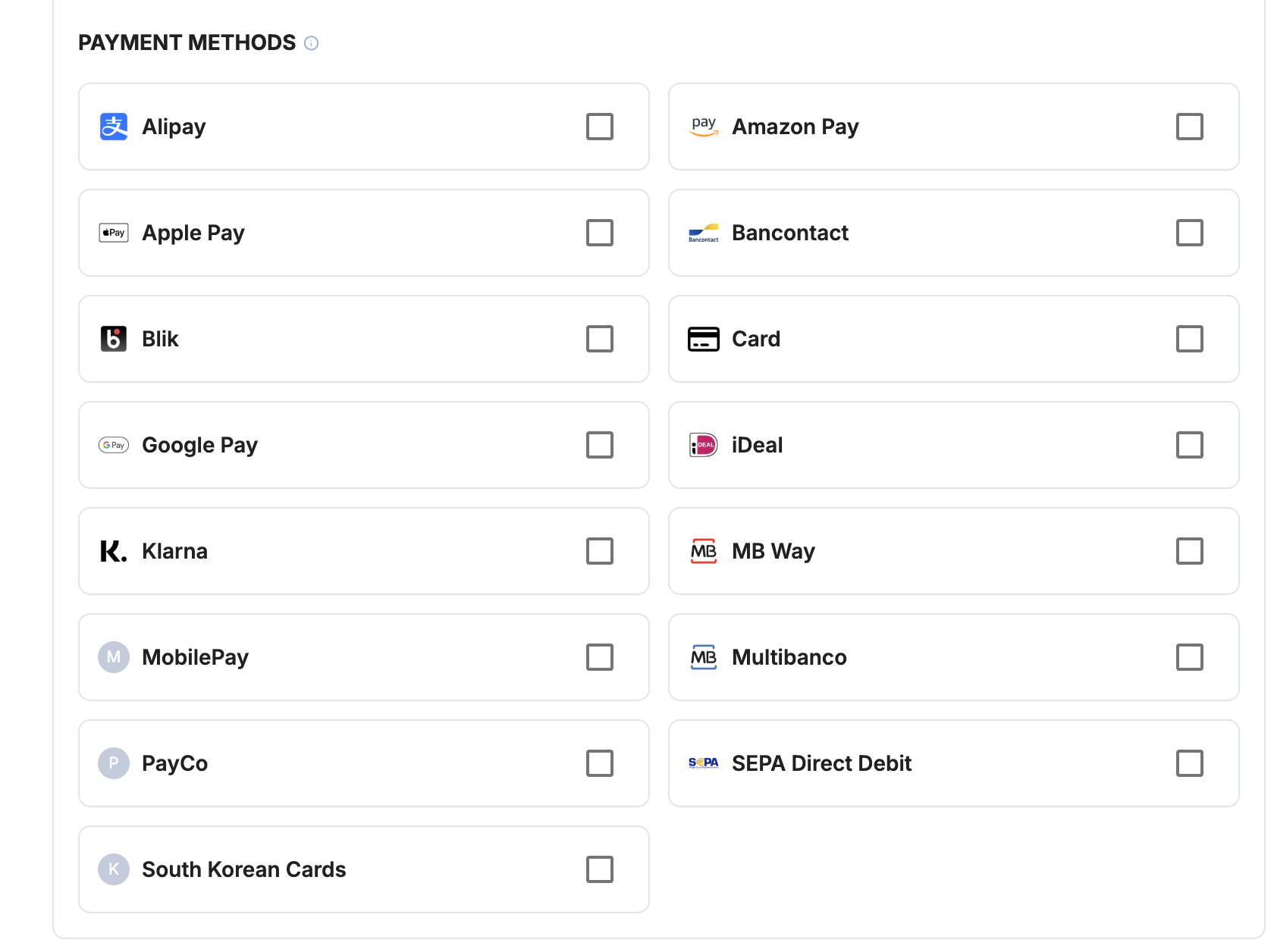 A screenshot showing the Stripe payment methods selection in Payrails.