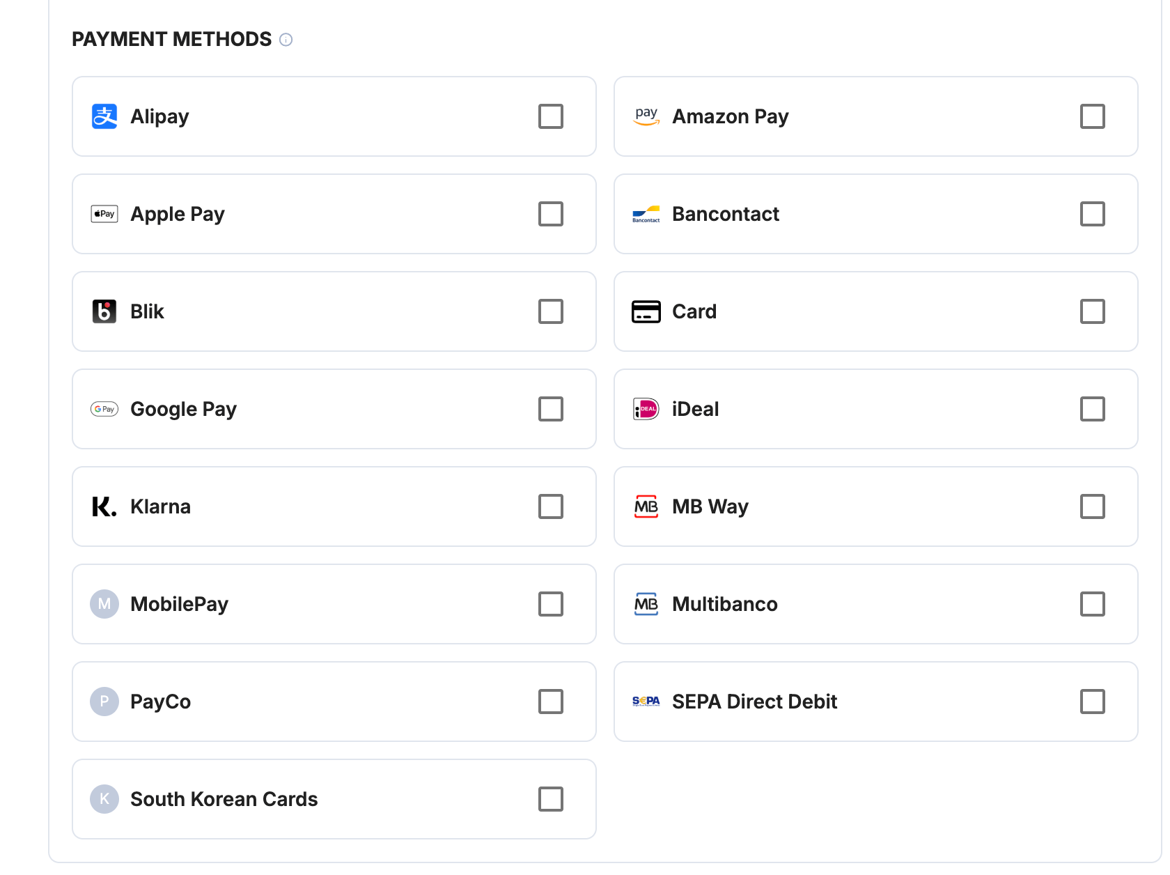 A screenshot showing the Stripe payment methods selection in Payrails.
