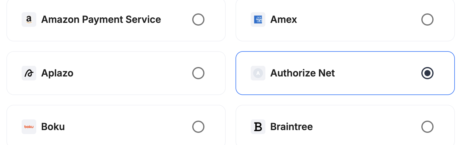 A screenshot showing Authorize.net selected as the provider.