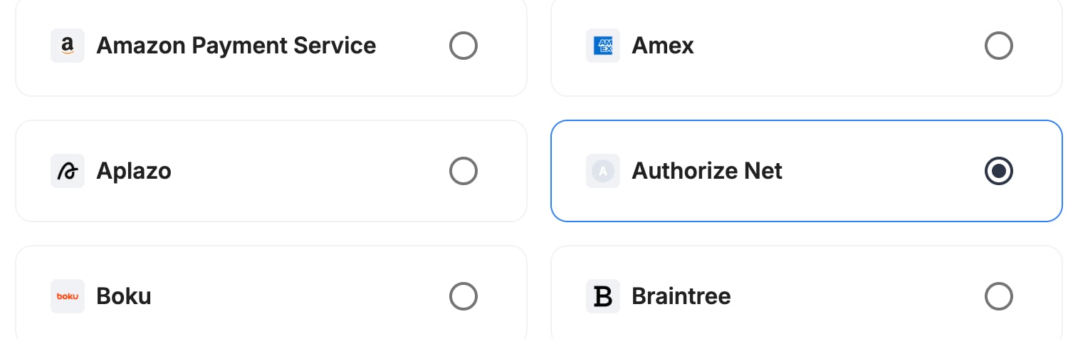 A screenshot showing Authorize.net selected as the provider.