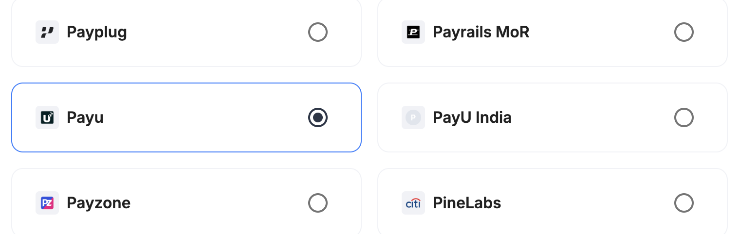 A screenshot showing PayU selected as the provider.