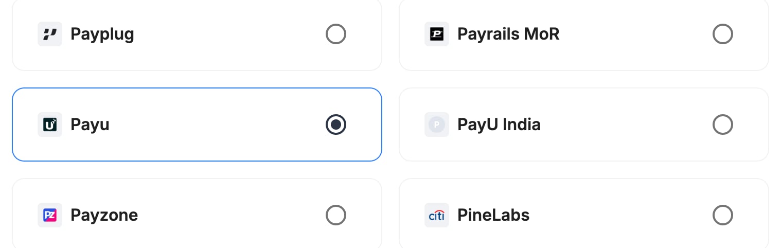A screenshot showing PayU selected as the provider.