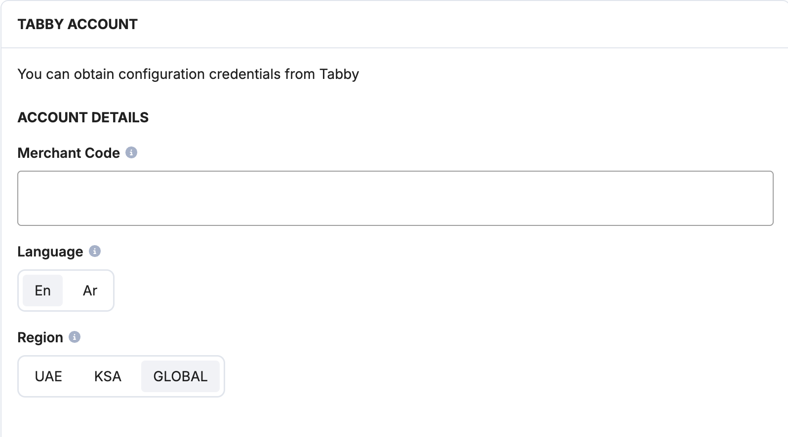 Payrails Tabby account fields for merchant code, language, and region