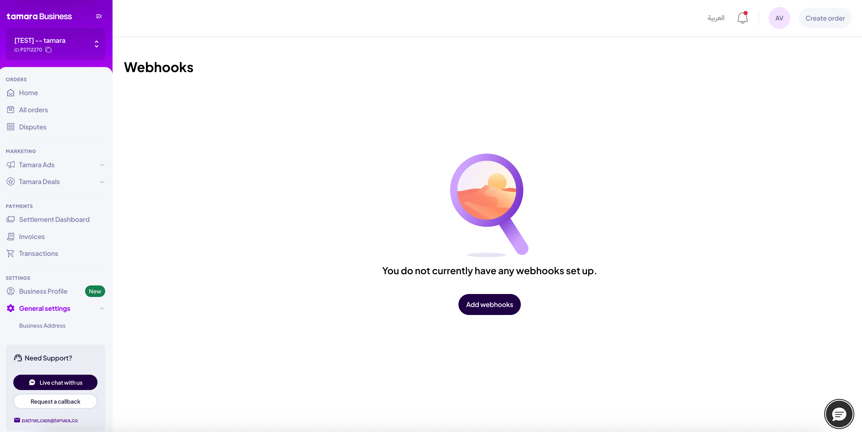 A screenshot showing the Tamara Partner Portal webhooks page.