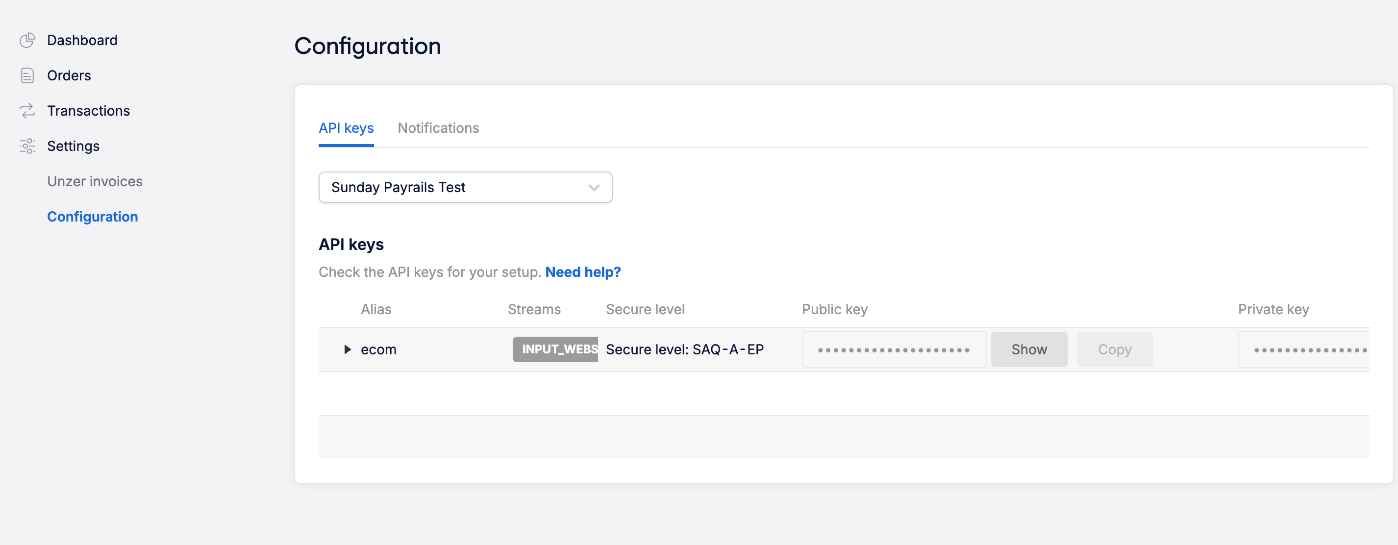 Unzer dashboard API keys page showing public and private keys