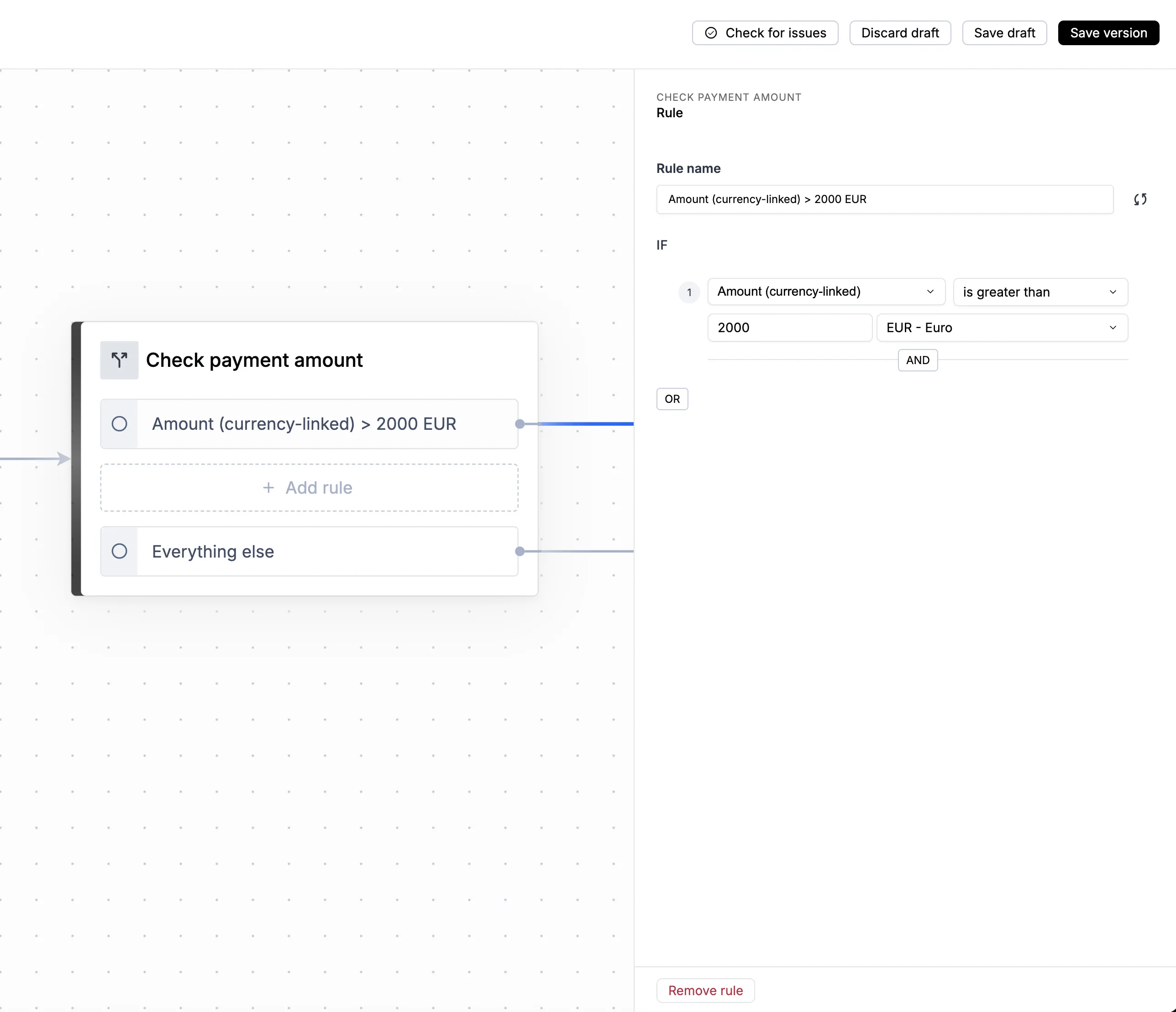 A rule using a currency-linked money field in the Workflow Studio