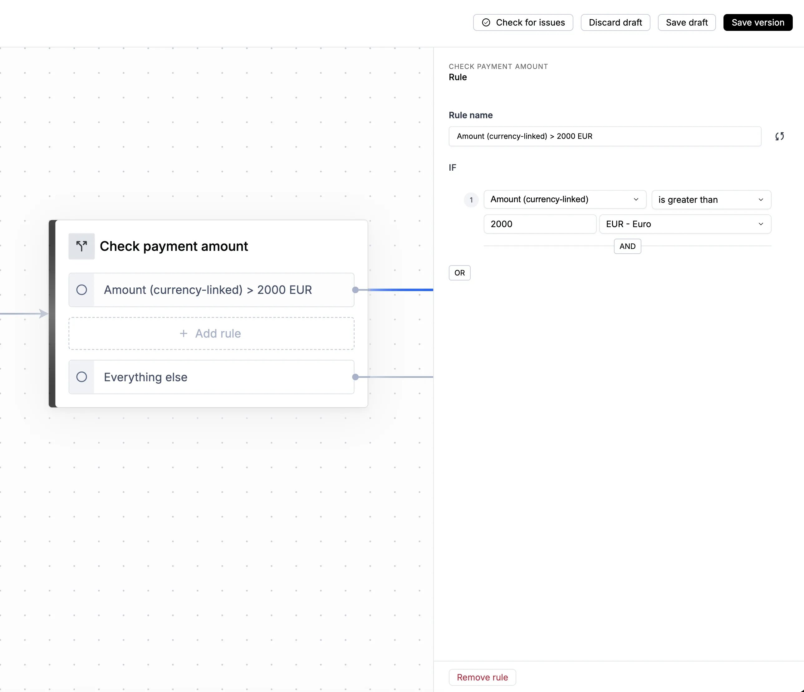 A rule using a currency-linked money field in the Workflow Studio