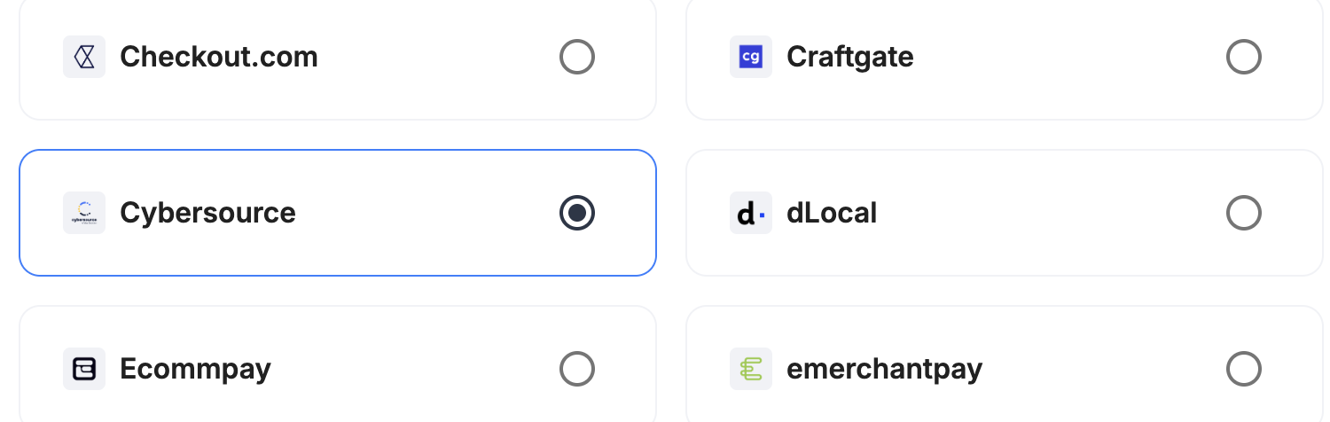 A screenshot showing Cybersource selected as the provider.