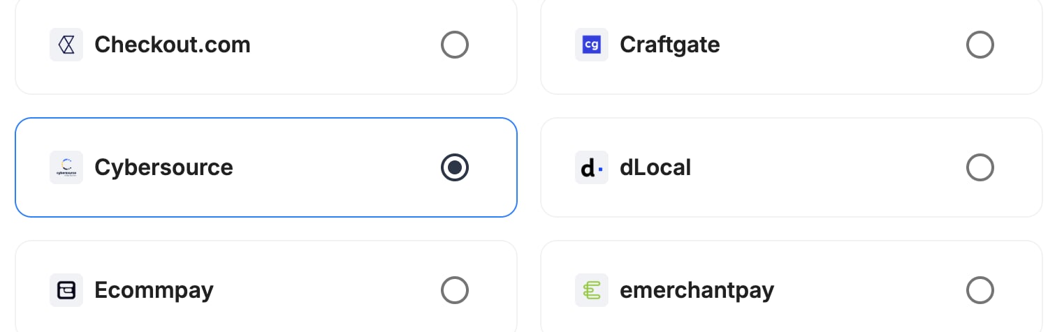 A screenshot showing Cybersource selected as the provider.