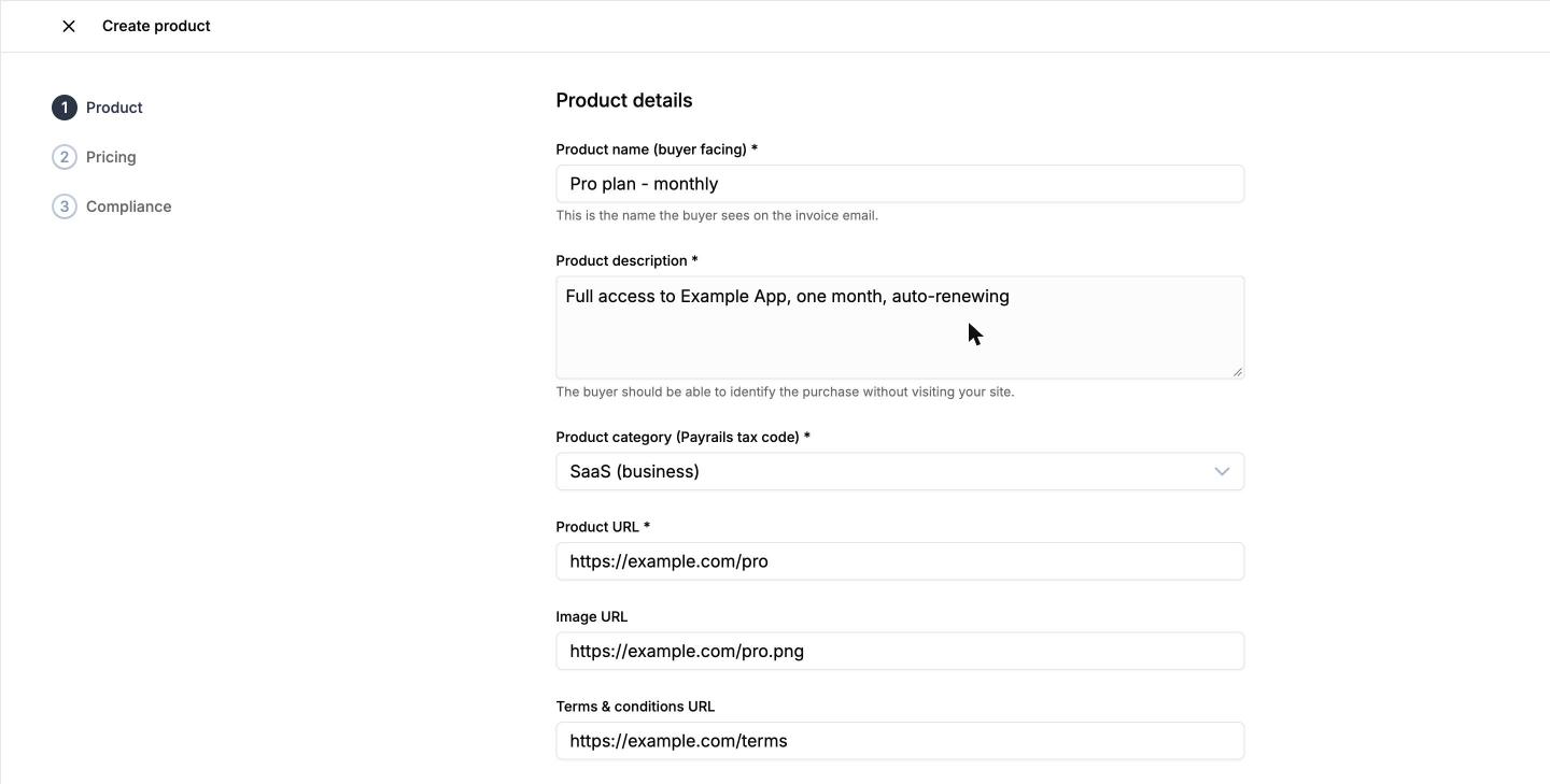 The Create product form on the Product step, with the name, description, category, and product URL filled in and the Product, Pricing, and Compliance steps listed on the left