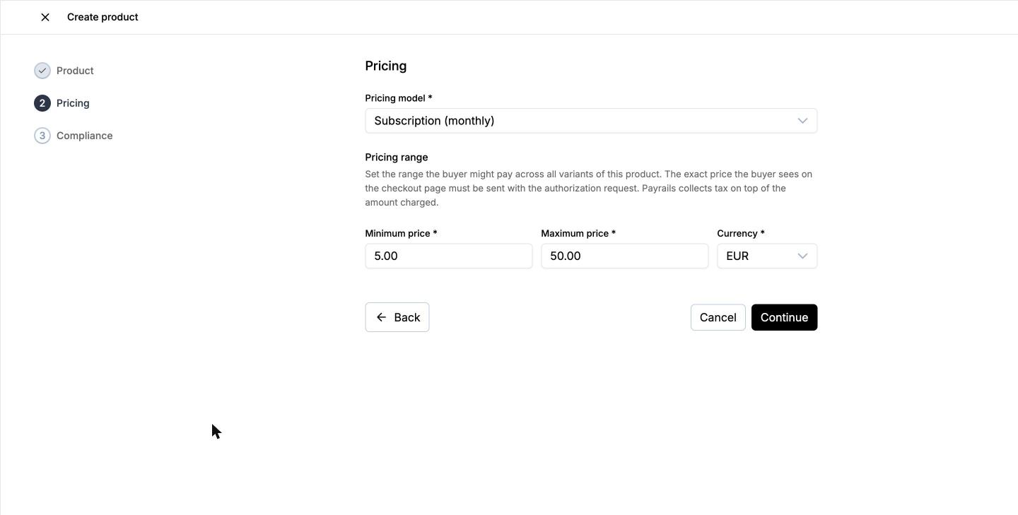 The Create product form on the Pricing step, showing the pricing model and the minimum price, maximum price, and currency fields