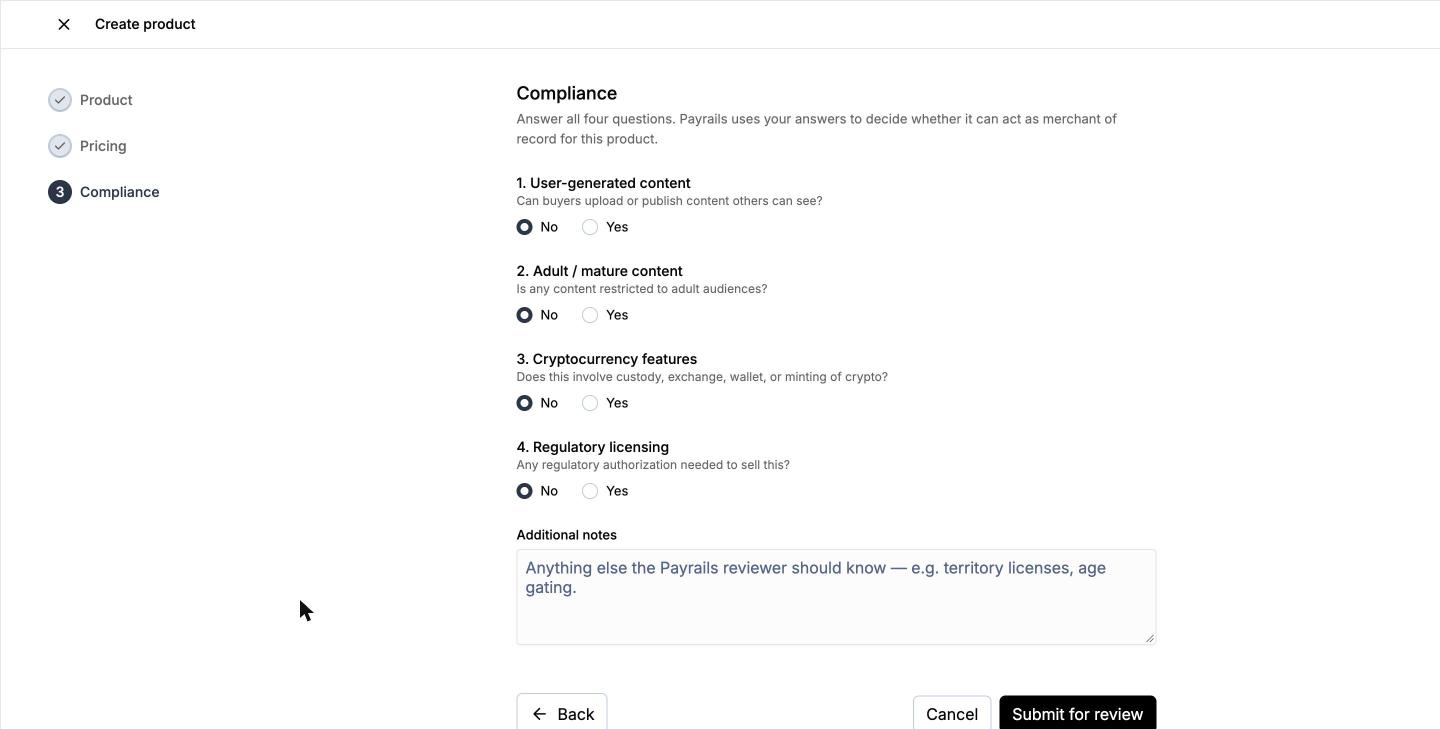 The Create product form on the Compliance step, showing four yes/no screening questions and an additional notes field