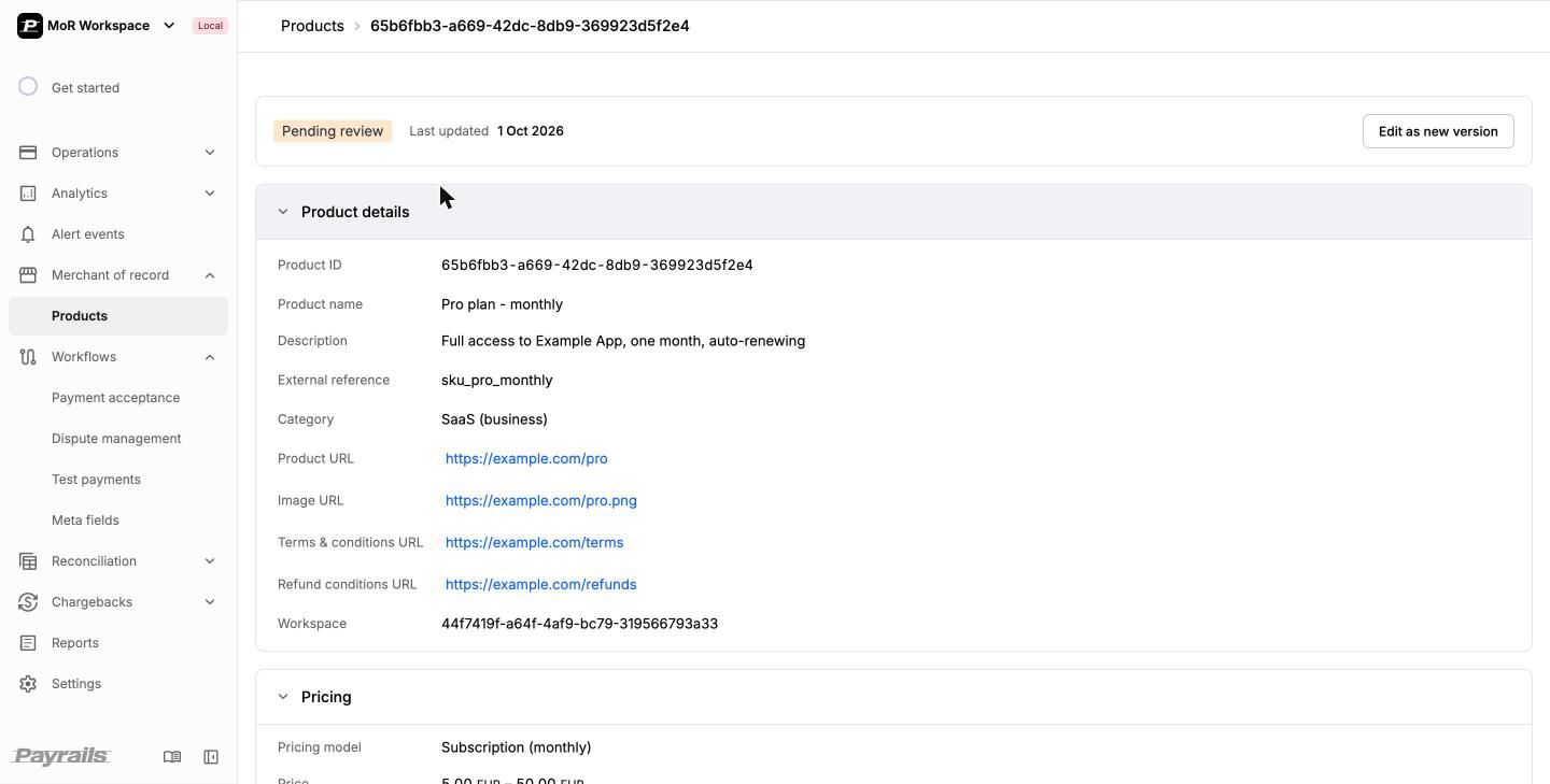 A product details page showing the Product ID, name, description, category, and links, with the Pending review status at the top