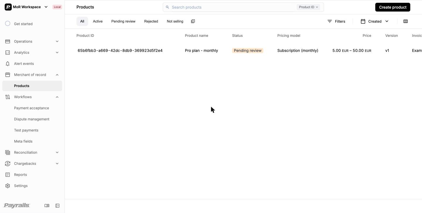 The Products list under Merchant of record, with a product in Pending review status and its Product ID, price range, and version
