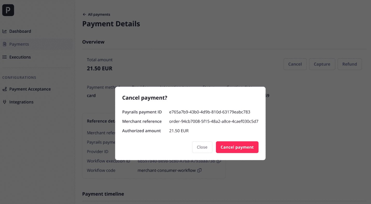 Cancel payment portal action