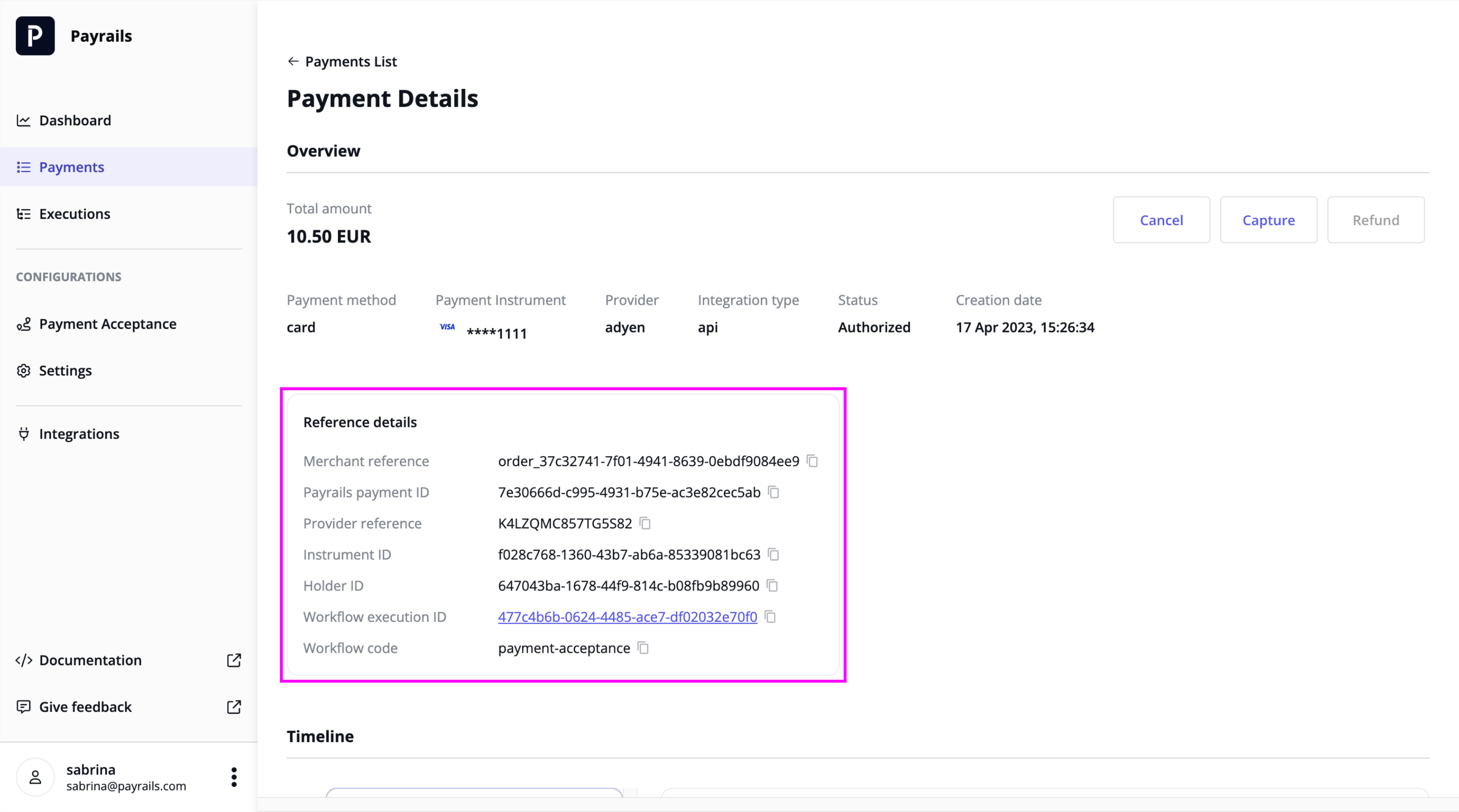 Capture payment details reference