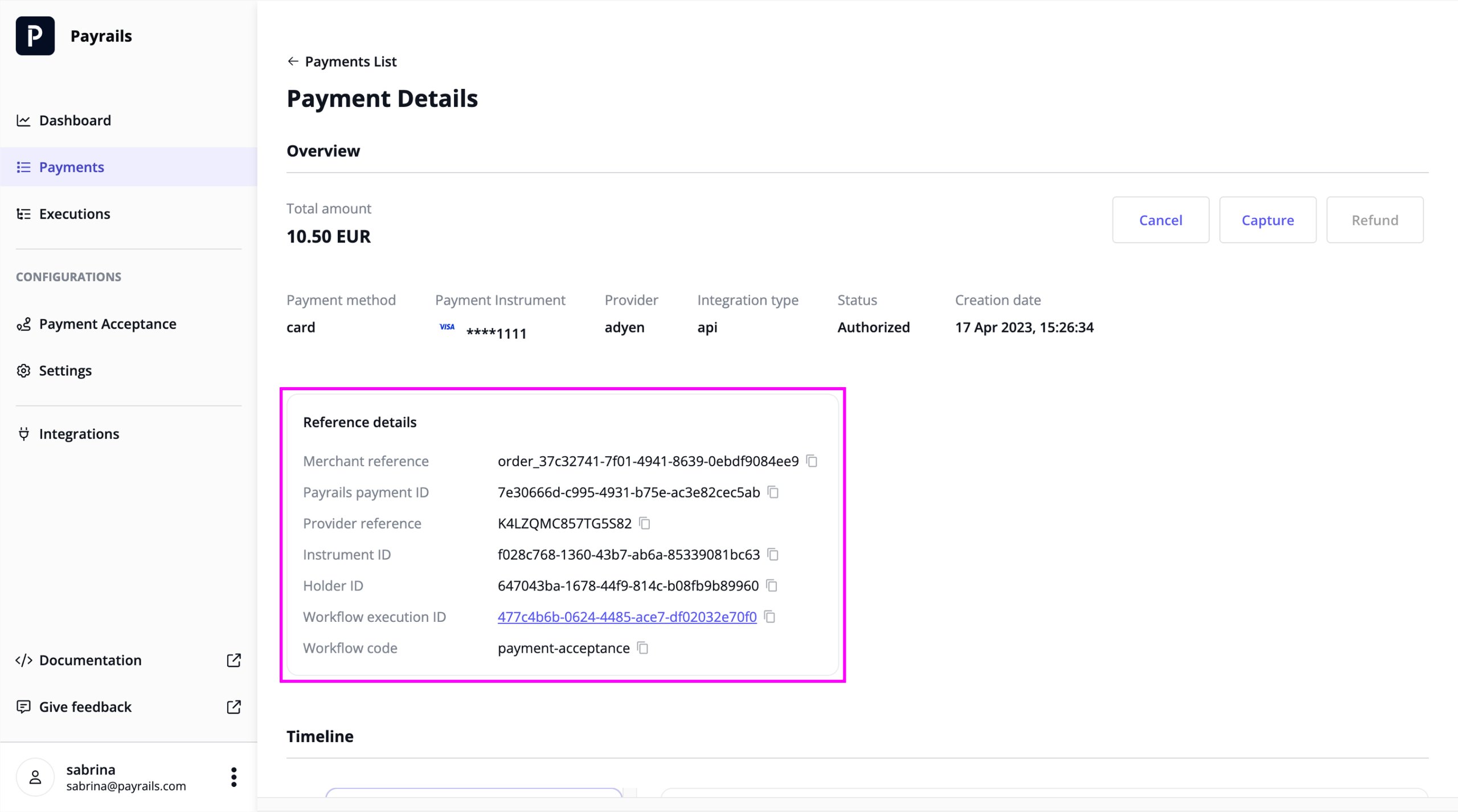 Capture payment details reference