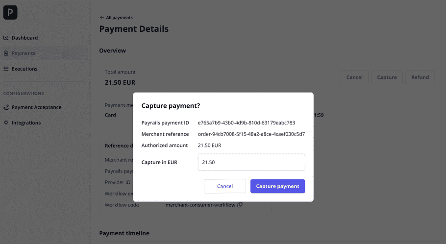 Capture payment portal dialog