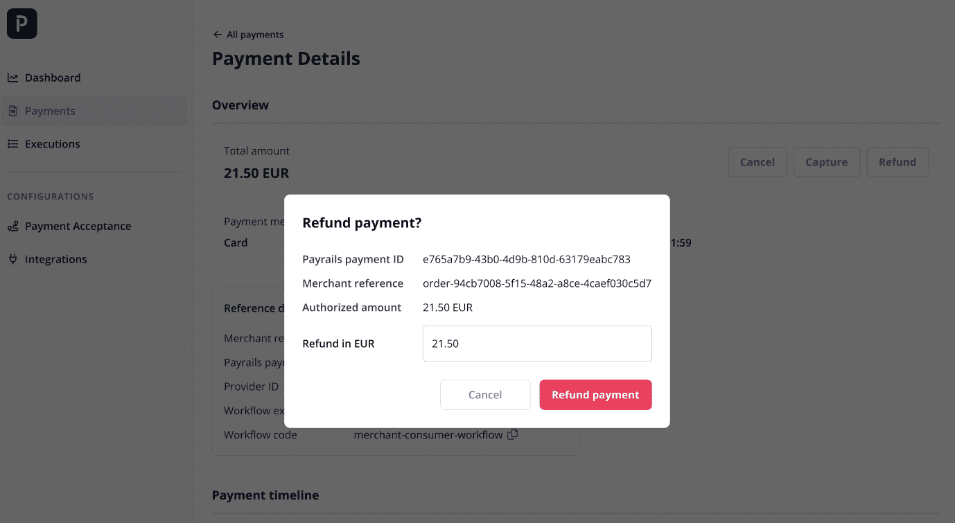 Refund payment portal dialog