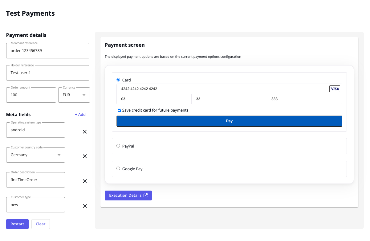 Test payments page overview