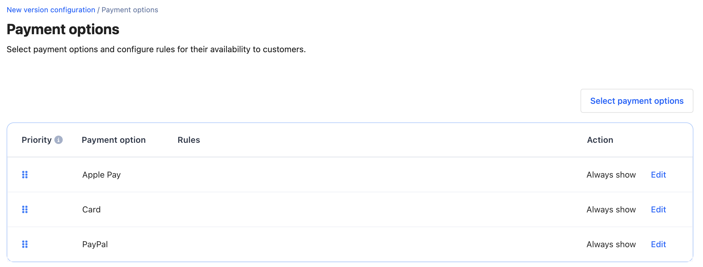 Payment options without rules