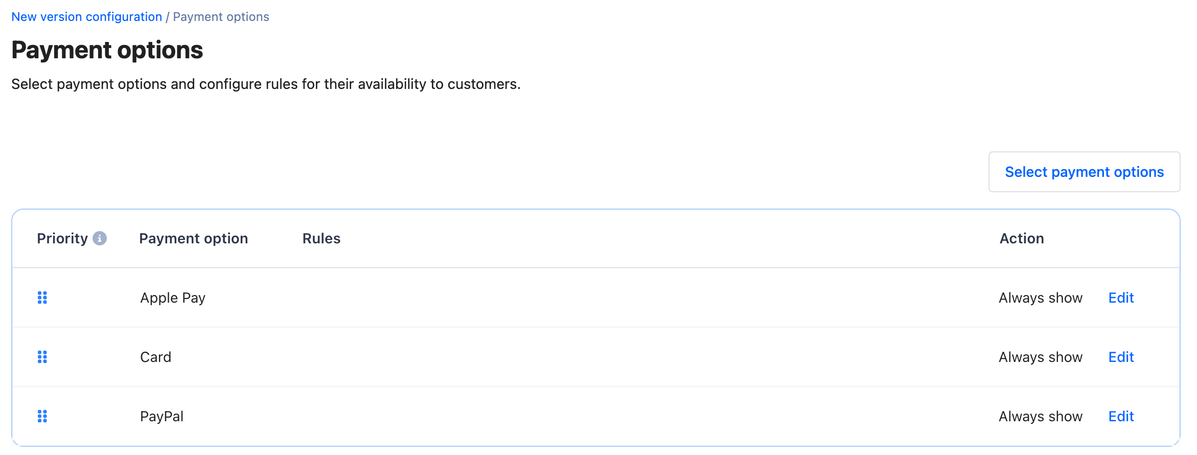 Payment options without rules