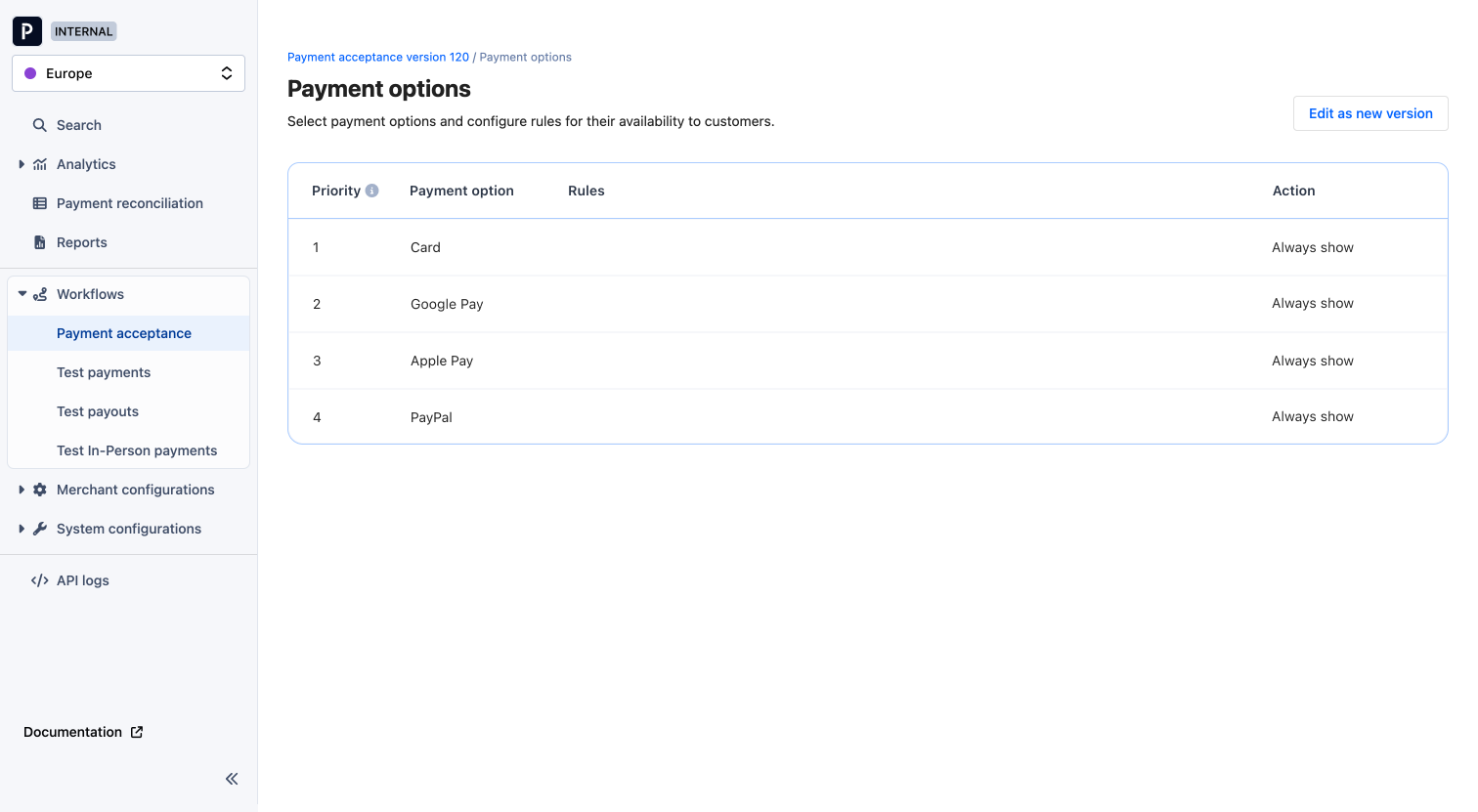 Payment options configuration in the Payrails Merchant Portal