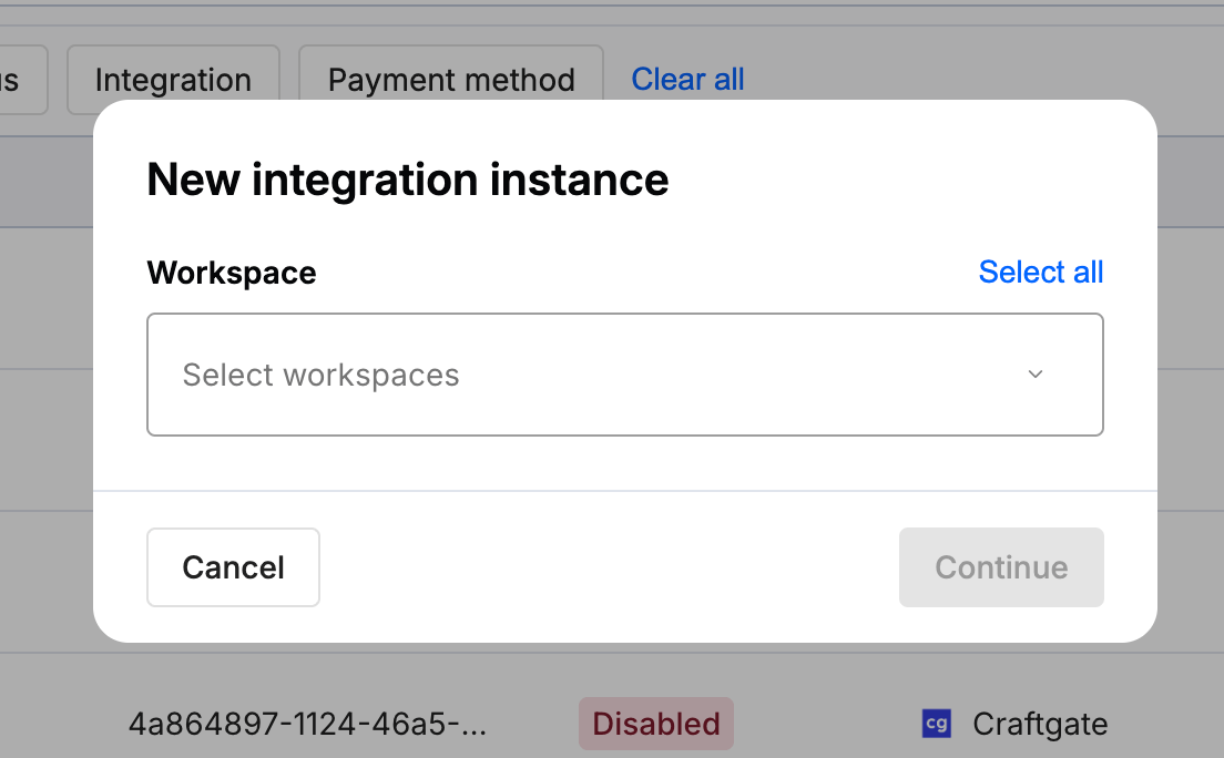 Payrails integrations page with Add instance flow for PayPal